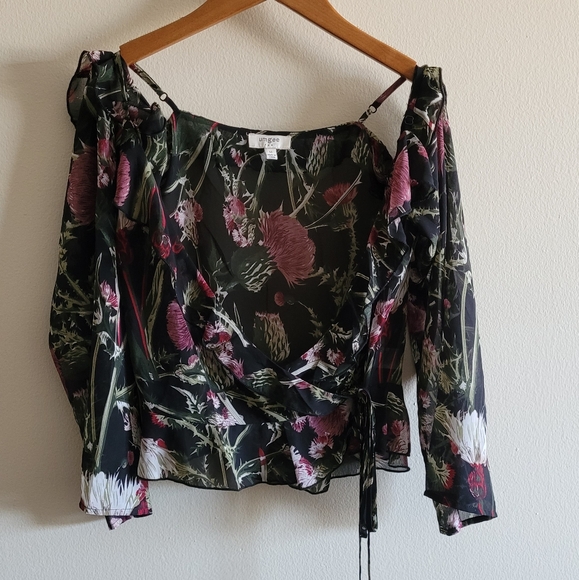 Umgee Tops - Umgee Floral Wrap Flutter Sleeve Cold Shoulder Sheer Top, Women's Medium